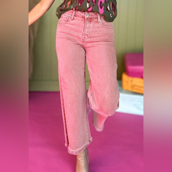 Peach Blossom Acid Washed High Rise Cropped Wide Leg Jeans - Picture 2 of 3
